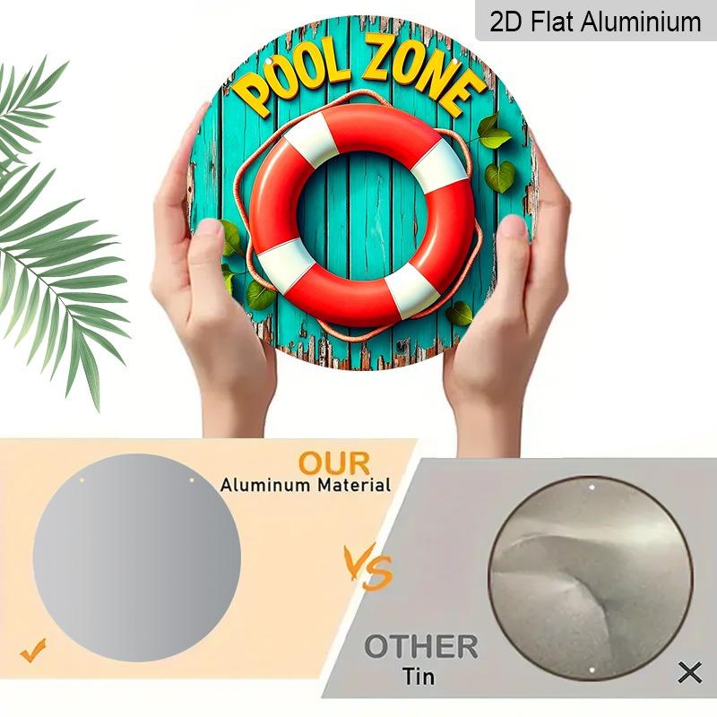 2D Flat Aluminum Decorative Signs and Plaques for Pool Areas, Available in Various Sizes. Vintage Life Rings and Distressed Wood Paneling Wall