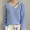2025 Autumn/Winter Women's V-Neck 100% Wool Sweater: Loose, Stylish Lace Knitwear Base Layer