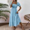 Women S Square Neck Puff Sleeve Maxi Dress Smocked Bodice Tiered Skirt with Pockets for Casual Wear