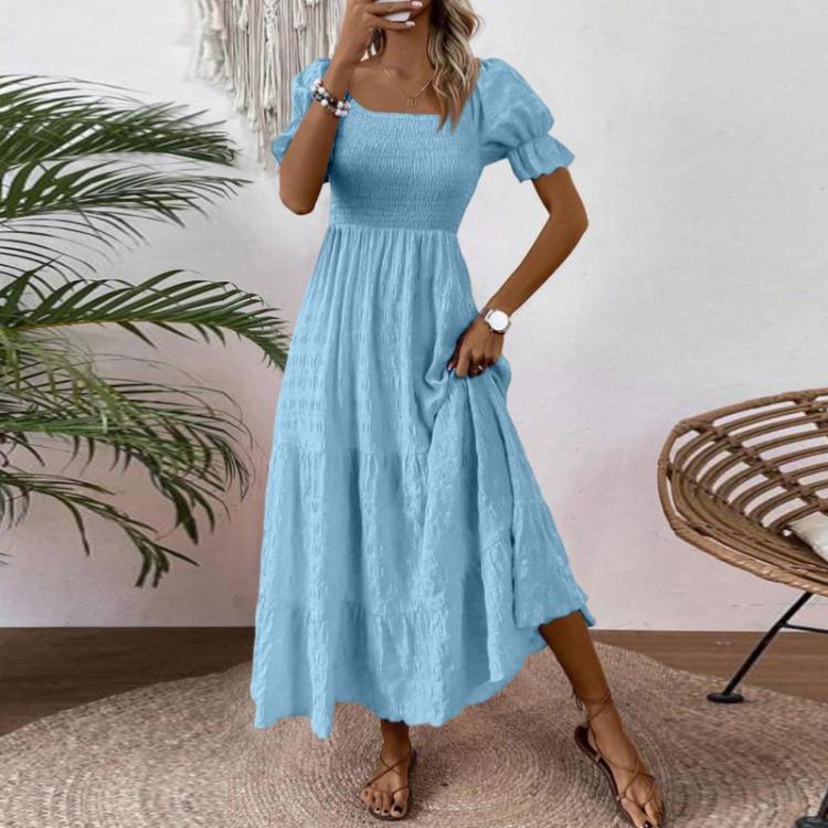 Women S Square Neck Puff Sleeve Maxi Dress Smocked Bodice Tiered Skirt with Pockets for Casual Wear