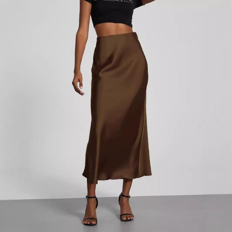 Women's European American Style Fashion Satin Texture Skirt Versatile Solid Color Glossy Mid-length