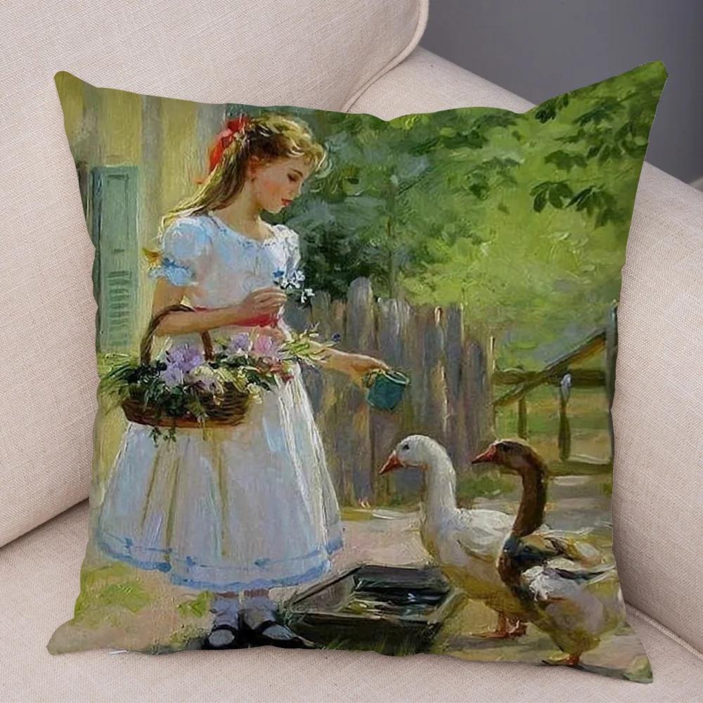 Cute Cartoon Children Cushion Cover Decor Harajuku Oil Painting Lady Pillowcase for Sofa Home Soft Plush Throw Pillow Case
