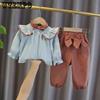Roupas infantis Meninas Primavera e Outono Roupas Ternos Camisas e Pés Calças Conjunto Camisas Babados Gravata borboleta Terno de duas peças