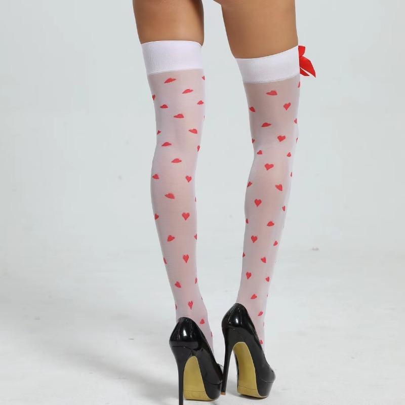 Women Sexy Cute Love Heart Pattern Stockings Nylon High Stockings With Bow Decoration Valentine Day Gift Christmas Wear