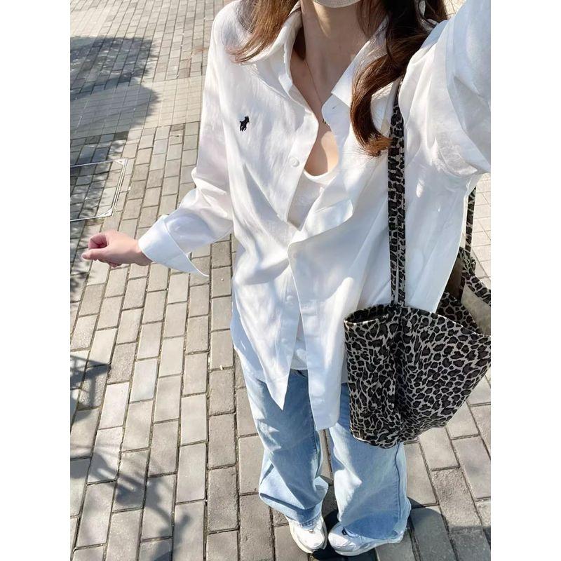 

Korean Style Embroider Pony Long Sleeve Shirt Coat Women s Spring/Summer Thin Inner Match Temperament Commute Cardigan White Shirt White M