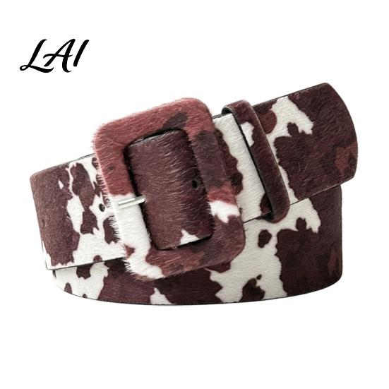 Music Festival Belt Women Cow Pattern Hair Leather Horse Belt Imitation Waist Fabric Covered Buckle Band for Jeans Dresses Slimming