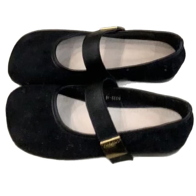 Spot Version~ Retro Round Head Metal Buckle Mary Jane Women's Shoes Suede Temperament Single Shoes Shallow Mouth Flat Ballet Shoes