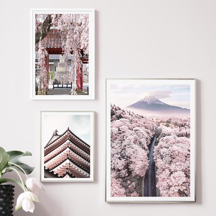 Japan Sakura Fuji Mountain Deer Gebäude Wand Kunst Leinwand Malerei Nordic Poster Und Drucke Wand Bilder Für Wohnzimmer Dekor