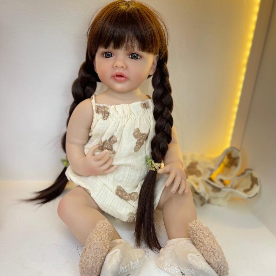 BZDOLL 55 CM 22 Inch Realistic Full Vinyl Body Brown Long Hair Lifelike Reborn Baby Girl Doll Toy Princess Toddler Bebe