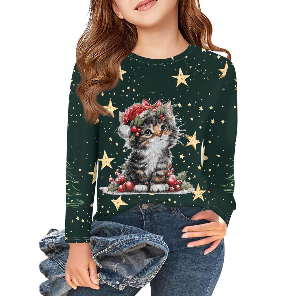 Christmas Day Girls Long Sleeve T Shirts Kids Fall Tops Crewneck Printed Basic Tees