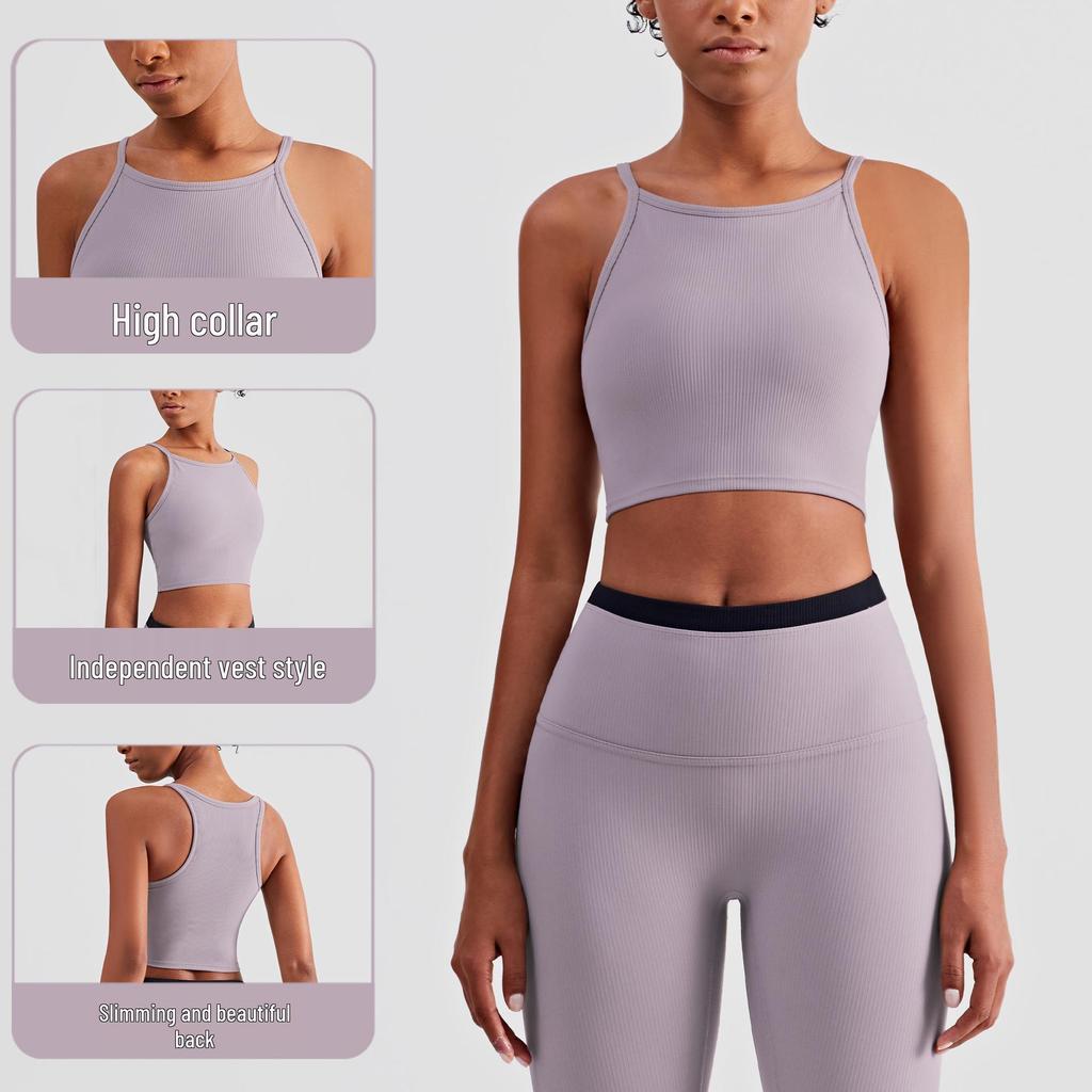 Women's European and American Slimming Ribbed High Neck Yoga Tank Top - Anti-Exposure, Beautiful Back Fitness Apparel for Summer