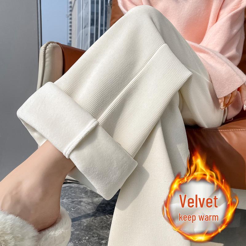 High-Waisted Fleece-Lined Chenille Cotton Plush Long Pants, Narrow/Wide-Leg Options, Casual & Fashionable for Autumn/Winter.
