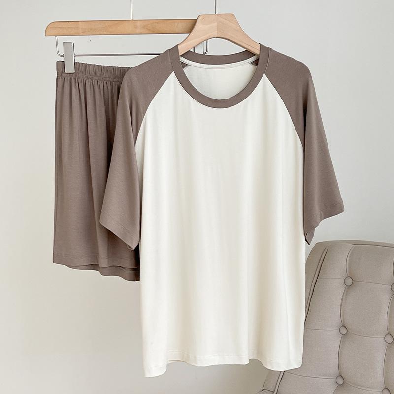 Women s Contrast Color Pajama Set, Round Neck, Loose Fit, Breathable Modal Home Wear One Size