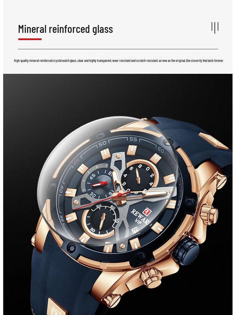 REWARD Men's Multifunction Chronograph Silicone Sports Watch - Luminous, Waterproof, Quartz Calendar (Model: RD83016M)