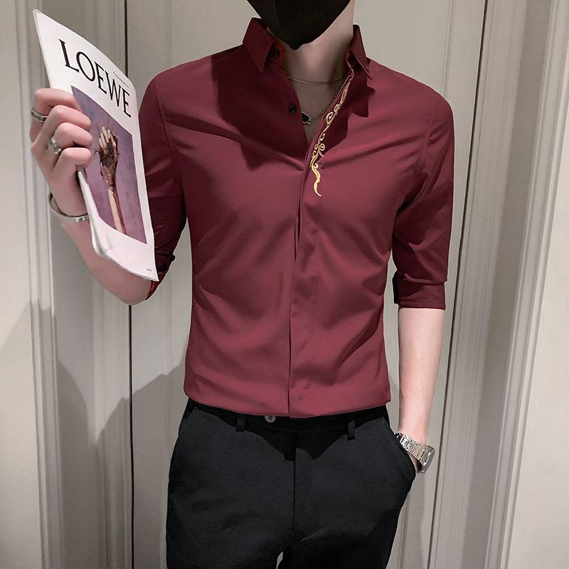 

Мужская одежда Сорочки с отложным воротником в стиле кэжуал, однотонные, с вышивкой на пуговицах, красивые, модные, формальные, для офиса, весенне-летние, тонкие L красный