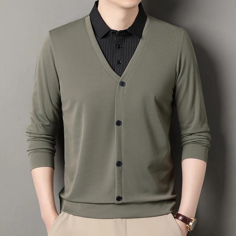 2026 New Men's Fake Two Piece Polo Shirt Casual Fashion Long Sleeve Collar T-shirt Versatile Top
