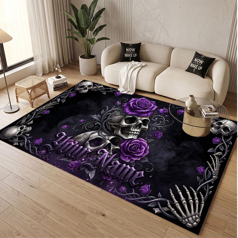 Tappeto Morbido in Velluto di Cristallo Tema Gotico Teschio Stampa Personalizzata Nome e Testo Tappeto Antiscivolo per Camera da Letto Soggiorno