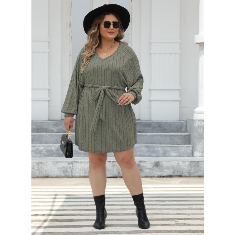 Women's Autumn and Winter Big Size Striped V-neck Casual Bottoming Simple Dresses