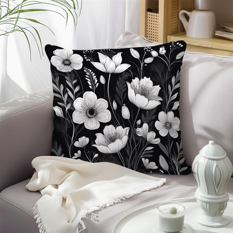 Black And White Sketch Flowers Cushion Cover Decorative Throw Pillowcase Plant Abstract Home Decor Sofa Bed Pillow Covers