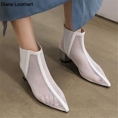 Fashion Women Summer Ankle Boots Mesh Cut Out Hollow Pointed Toe Bootie Shoes Female Thick High Heel Sandals Fashion Women Cool Boots