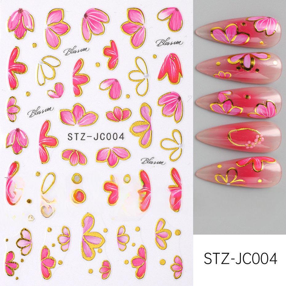 3D Pink Gold Flower Nail Stickers Metallic Gold Line Floral Petals Sakura Sliders Decals Spring Elegant DIY Manicure Decoration