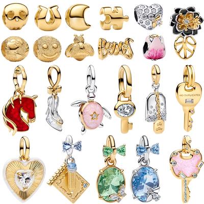 New 925 Silver DIY Bead Bracelet Necklace Set Colorful Heart Bee Flower Key Lock Butterfly Charm Jewelry Gift