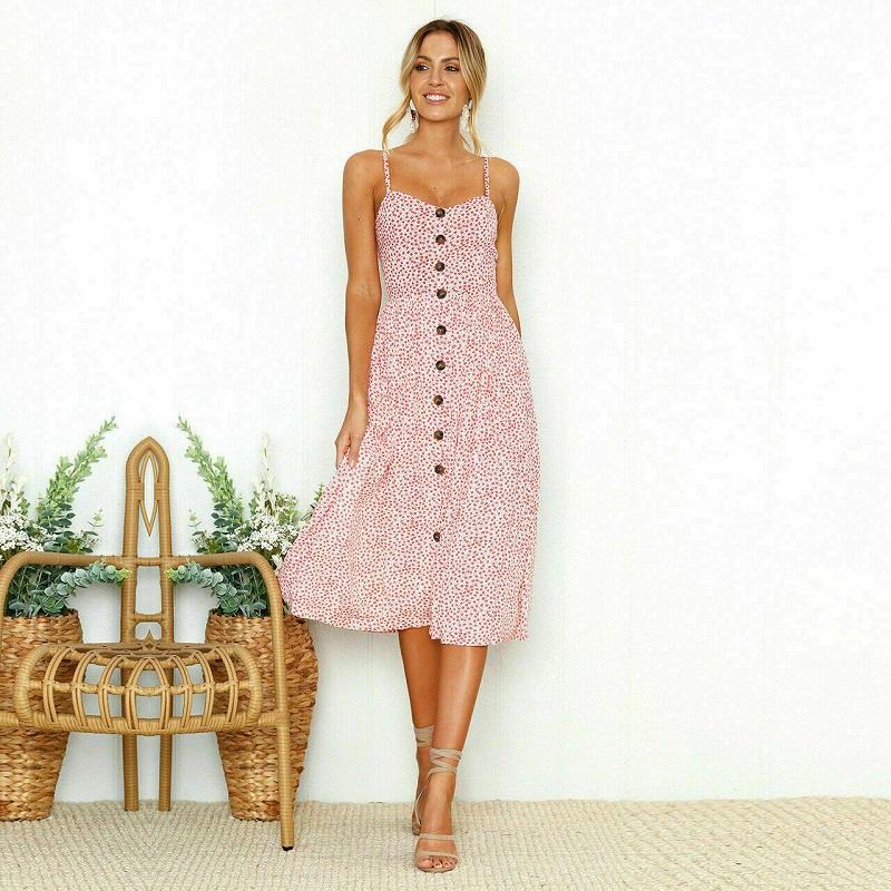 Elegante Abito Midi Estivo da Donna Boho con Spalline Sottili e Tasche a Bottone