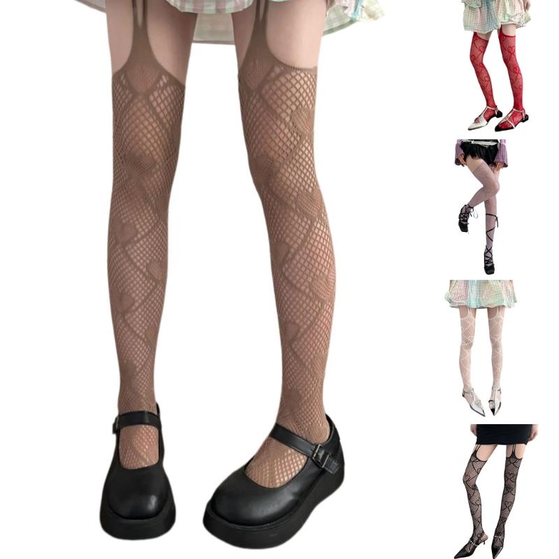 Women Gothic Fishnet Mesh Garters Thigh High Stockings Tights Hollowed Sweet Heart Patterned Sheer Suspender Pantyhose