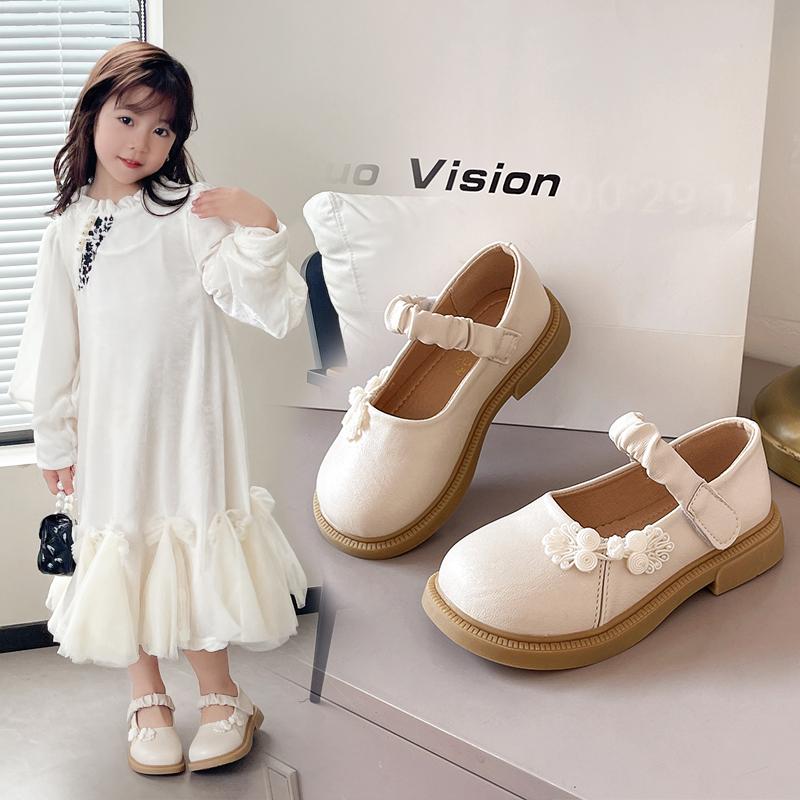 Girls Flat Shoes Chinese Style Kids Leather Shoes Pu Pleated Round Toes 2025 Spring Autumn Girls Princess Shoes Sweet Ins Trendy