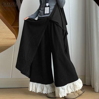 Women Casual Elastic Waist Loose Ruffled Lace Hem Wide Leg Pants Long Trousers