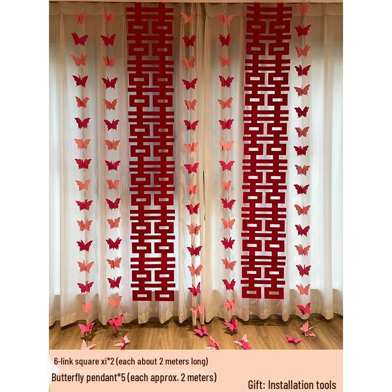 3D Butterfly Wedding Room Decoration Set: Double Happiness Curtains and Pull Flower Ornaments