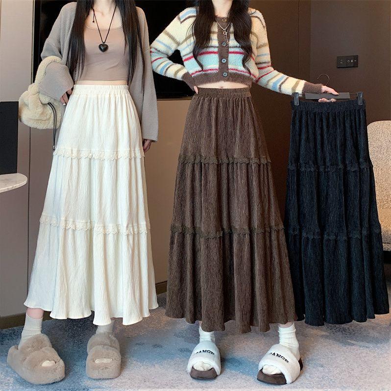 Women's Spring/Summer Lace Corduroy Pleated Midi Skirt