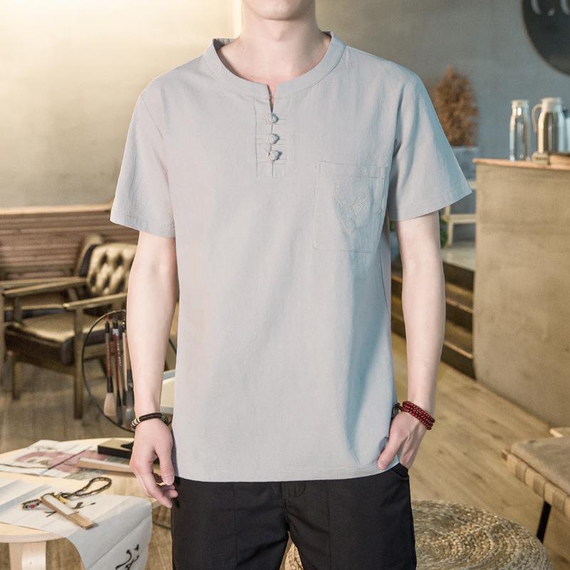 Chinese-style Cotton and Linen Short-sleeved T-shirt for Men, Casual and Trendy. Linen Embroidered Pocket Deer Head Top, Thin