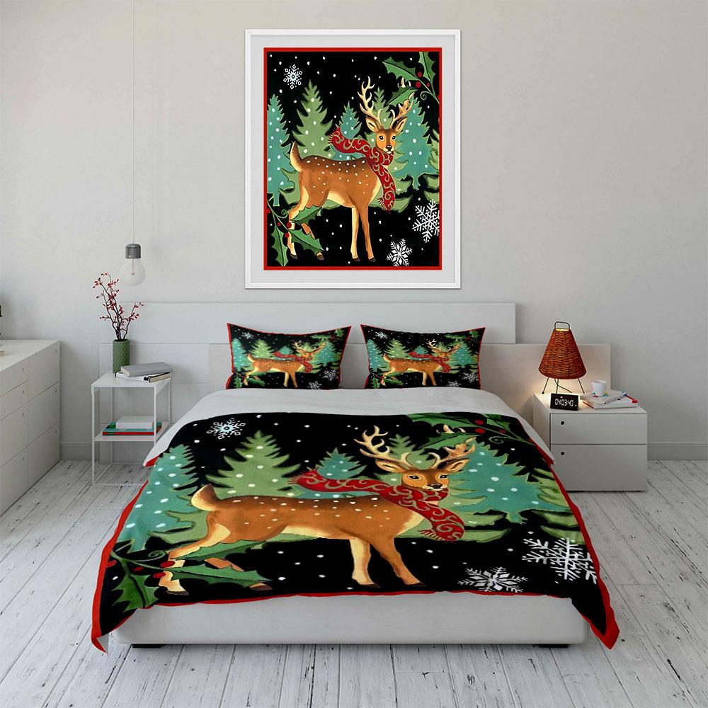 Christmas Deer with Red Scarf Bedding Duvet Cover Set Duvet Cover Pillowcases (1*Duvet Cover 2*Pillowcases, Without Duvet Insert)