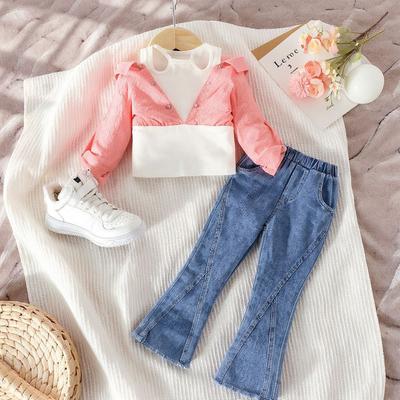 Autumn Girls' Outfit Trendy Style Toddler Fake Two-Piece Off-Shoulder Top Denim Flared Pants