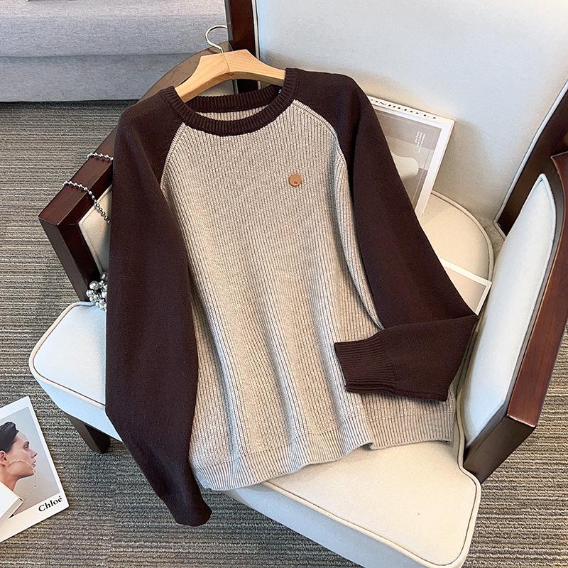 

230 Jin Plus Size Women’s Color Block Raglan Sleeve Round Neck Sweater - Flattering, Stylish Knitwear for Autumn/Winter. XL (recommended weight 120-160 jin)