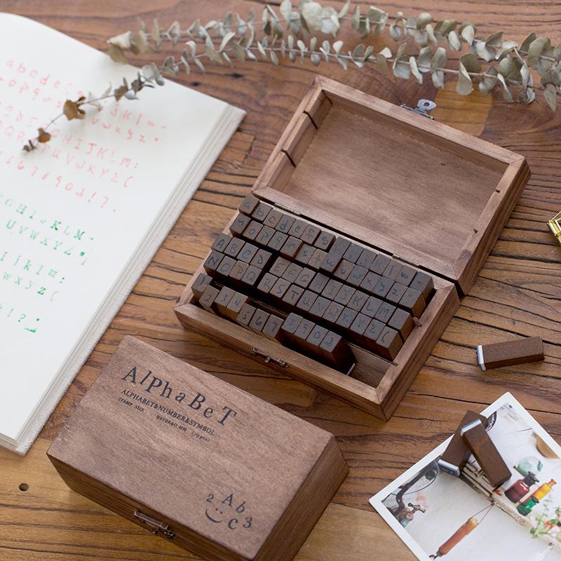 Retro Wooden Box Set: Uppercase & Lowercase English Alphabet and Number Stamps