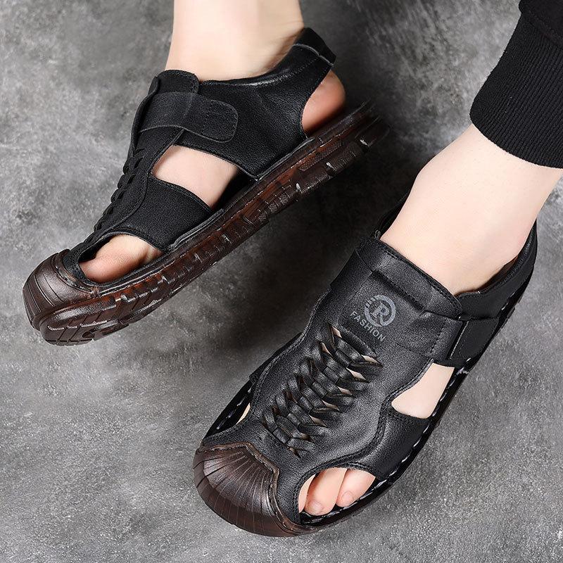First layer cowhide sandals men's bag head summer wear casual beach shoes men's non-slip soft-soled hollow men's slippers