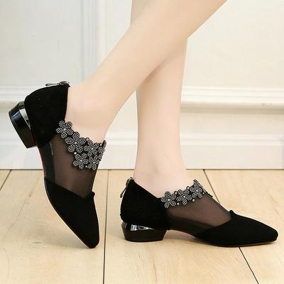 2026 Summer Women's Pointed Toe Low Heel Sandals Black Mesh Rhinestone Fashion Office Ladies Dress Shoes Plus Size 42