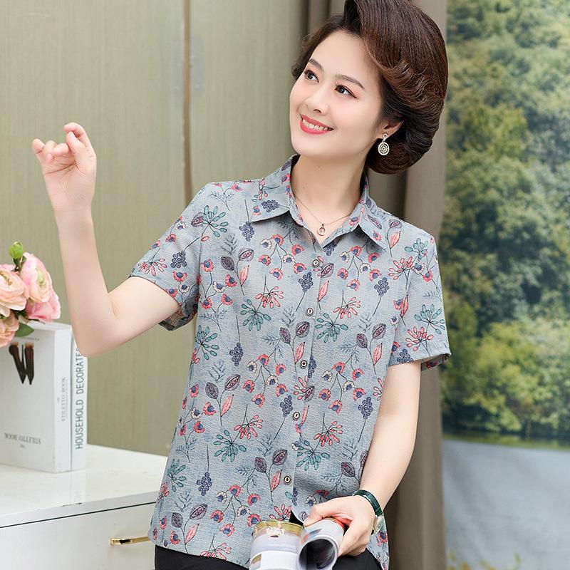 

Mom s Summer Floral Silk Collared Slim-Fit Short-Sleeve Shirt for Middle-Aged and Elderly Women 2XL (recommended for 110-120 lbs) синій