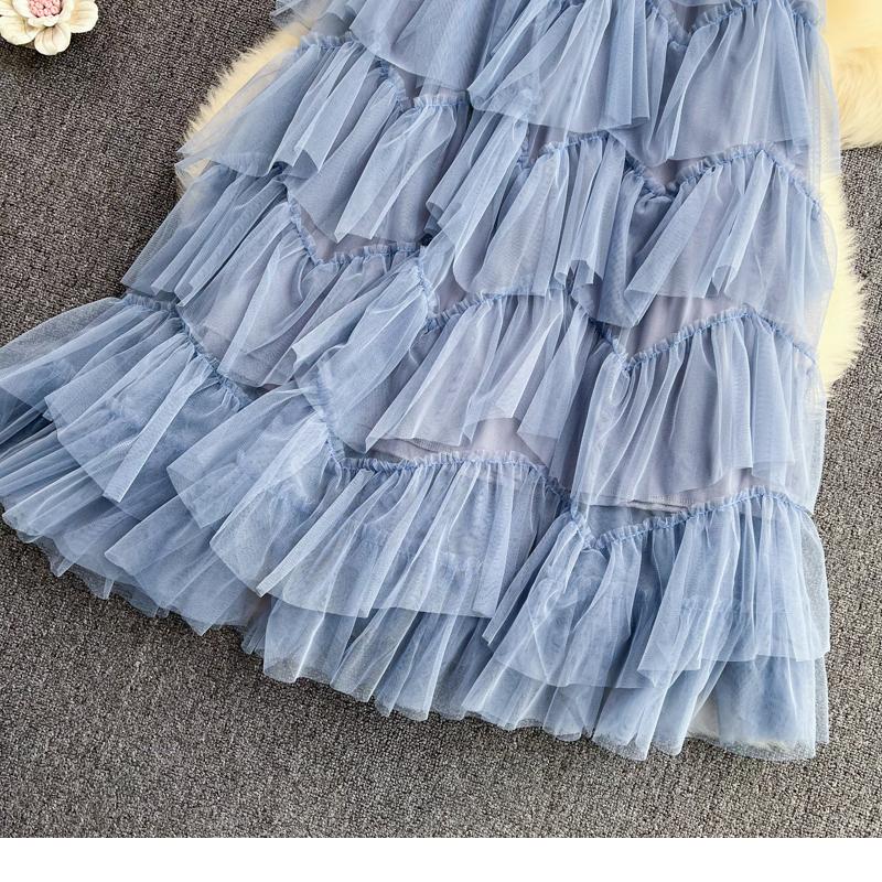 Long Skirts Womens Spring Korean Solid A Line High Waist Mesh Tiered Maxi Skirt Female