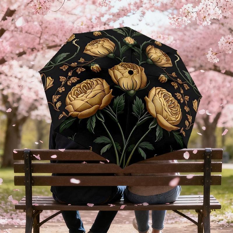 1 Stück Blumenmuster Goldene Rosen Regenschirm - 8 Speichen verstärkt, Automatisches Öffnen, Leicht & Langlebig, Niedliches Modeaccessoire für Draußen - T325