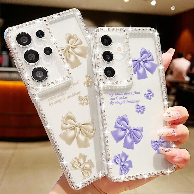 Pink Bow Print Phone Case For Samsung Galaxy A55 A56 A54 A36 A15 A26 A16 5G S25 Edge S24 S23 S22 Ultra S23 FE Diamond Soft Cover