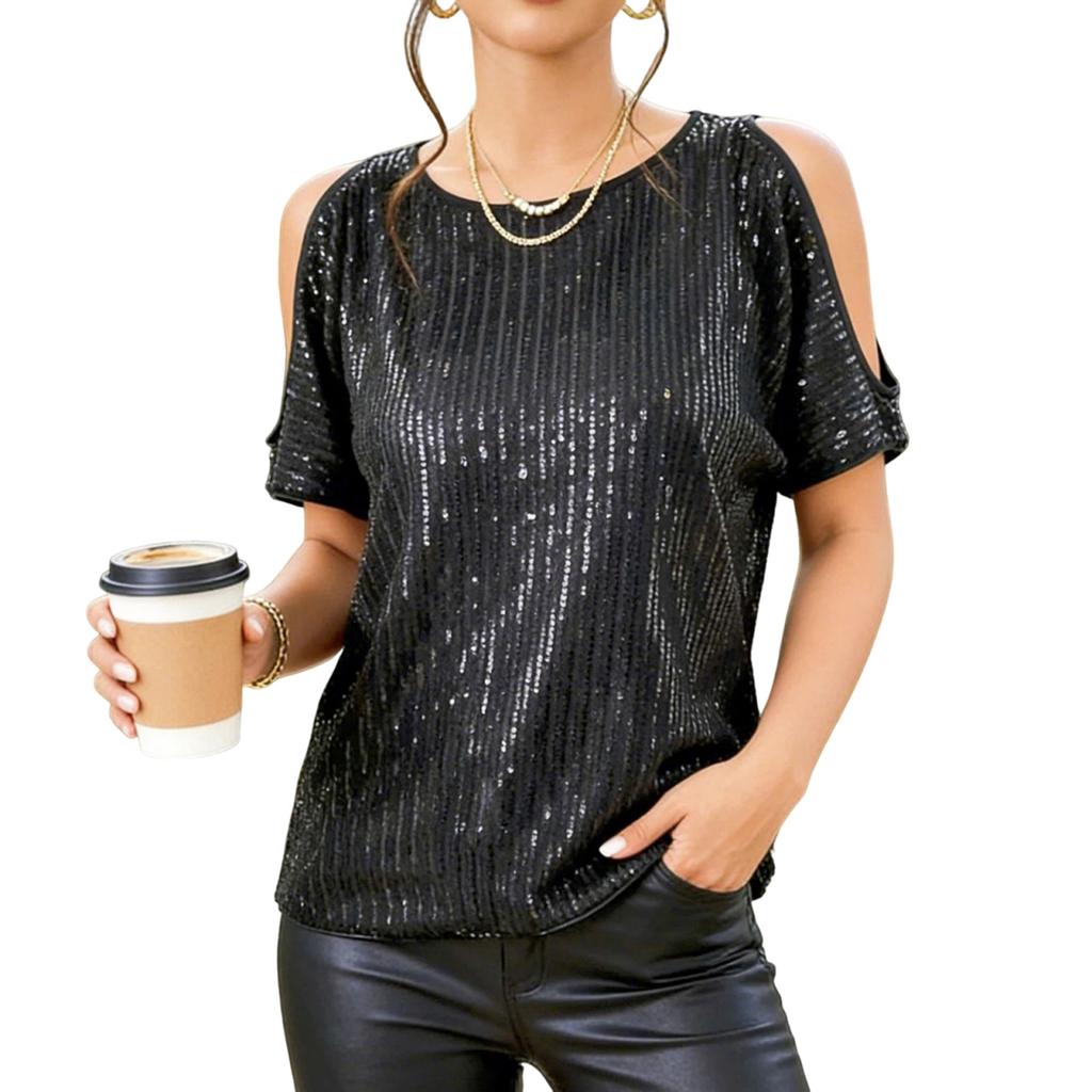 Damen Modisches Sexy Schulterfreies Rundhals Kurzarm Glitzer Pailletten T-Shirt Top