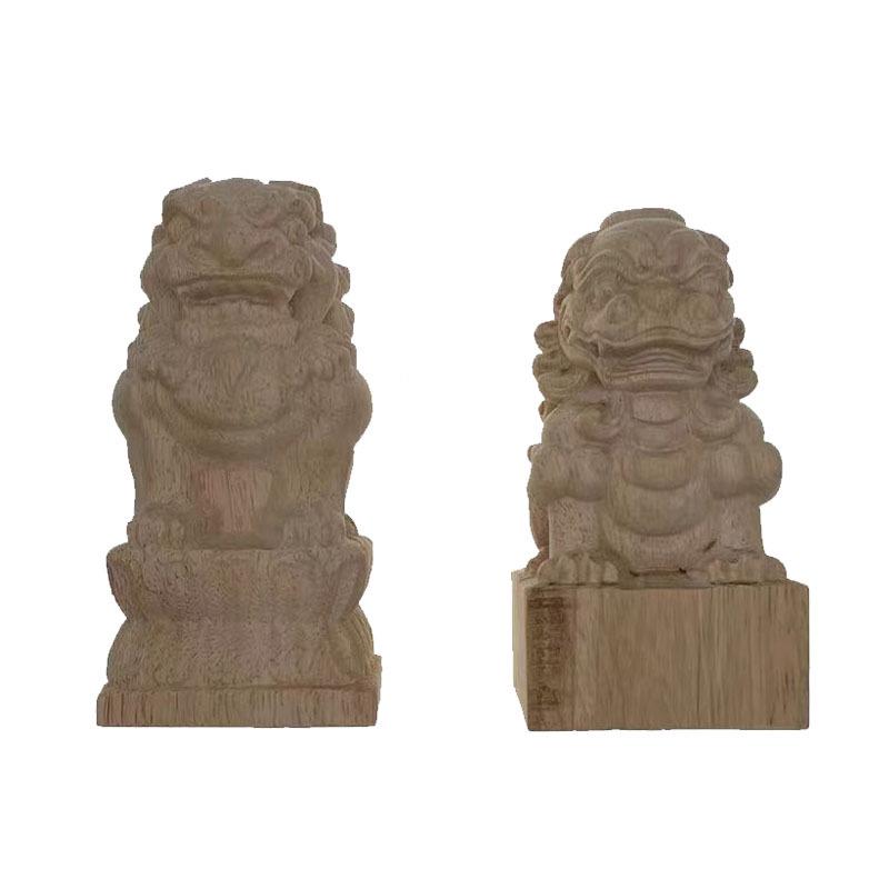 Wood Carving Solid Wood Lion and Qilin Handrail Decoration - Chinese Style Antique Animal Design
