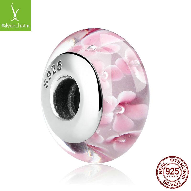 Korean Hot-Selling 925 Sterling Silver Pink Flower Glass Bracelet Beads SCZ008