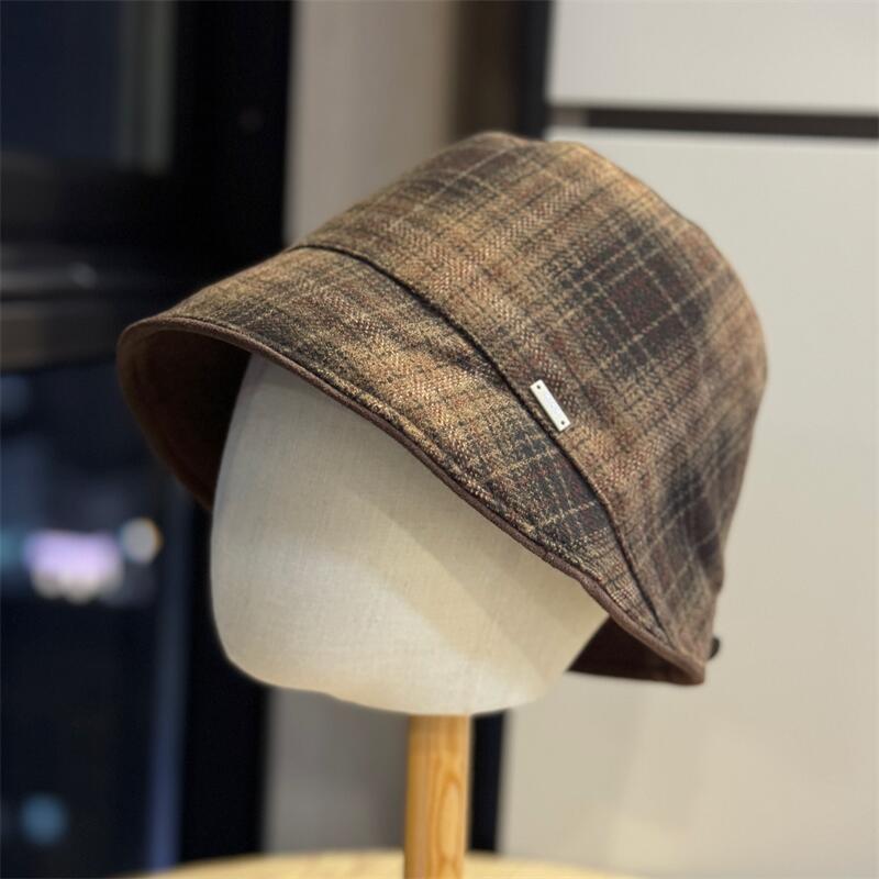 Striped plaid thin age-reducing fisherman hat children autumn warm woolen cap irregular bucket hat tide