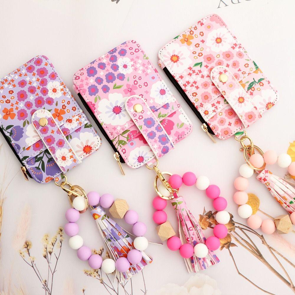Boho Style Silicone Bead Bracelet Keychain Leather Card Bag Keychain  Women's Accessory