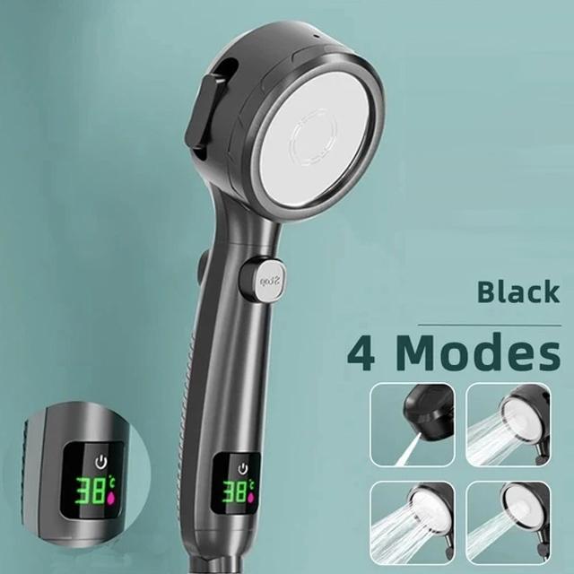 

Температура Цифровой Дисплей Напорная Душевая Головка Черный 4 Режима Высокого Давления Большой Поток Распылительная Насадка Дождевой Душ Для Ванной Комнаты чёрный