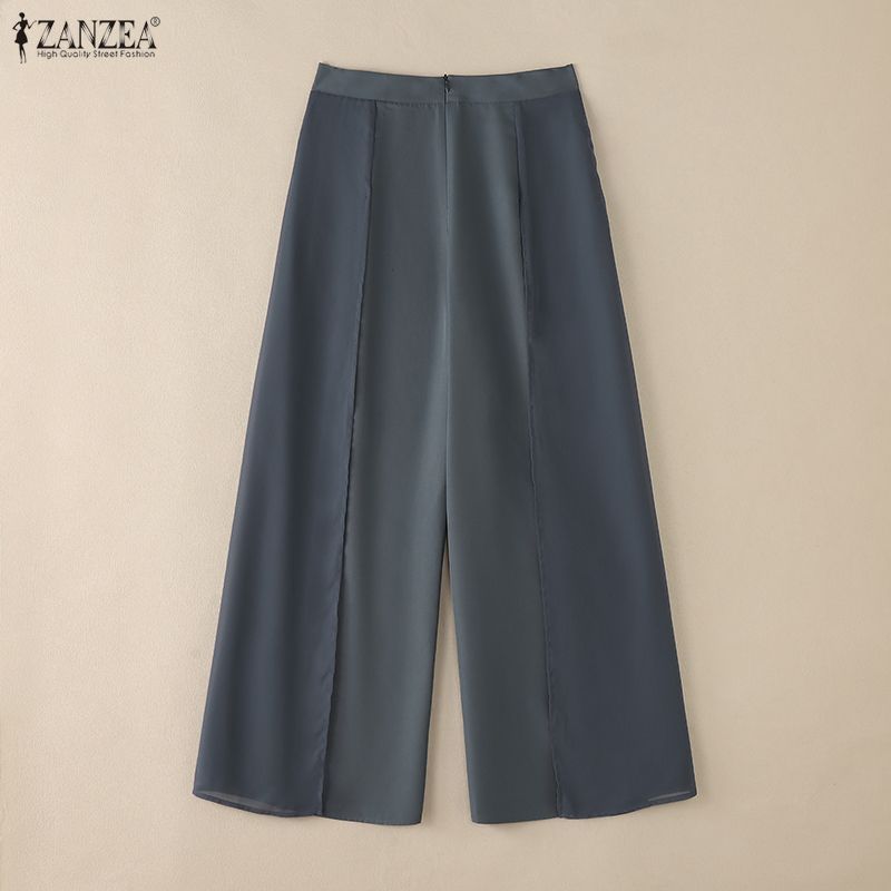 ZANZEA Womens Casual Solid Color Loose Chiffon Splice Wide Leg Pants